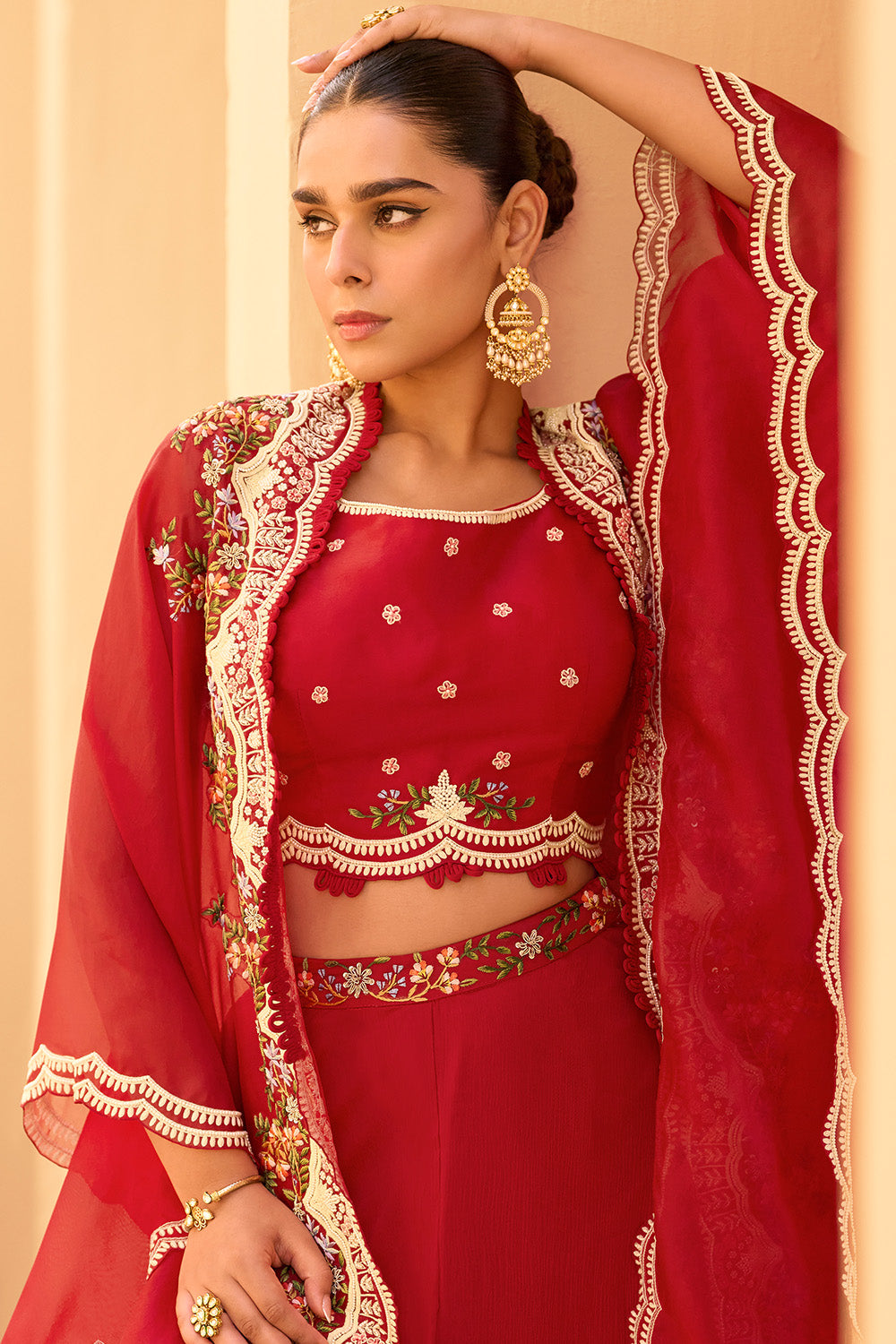 Red Organza Embroidered Crop-Top Dress With Shruge Stlye Dupatta And Palazzo