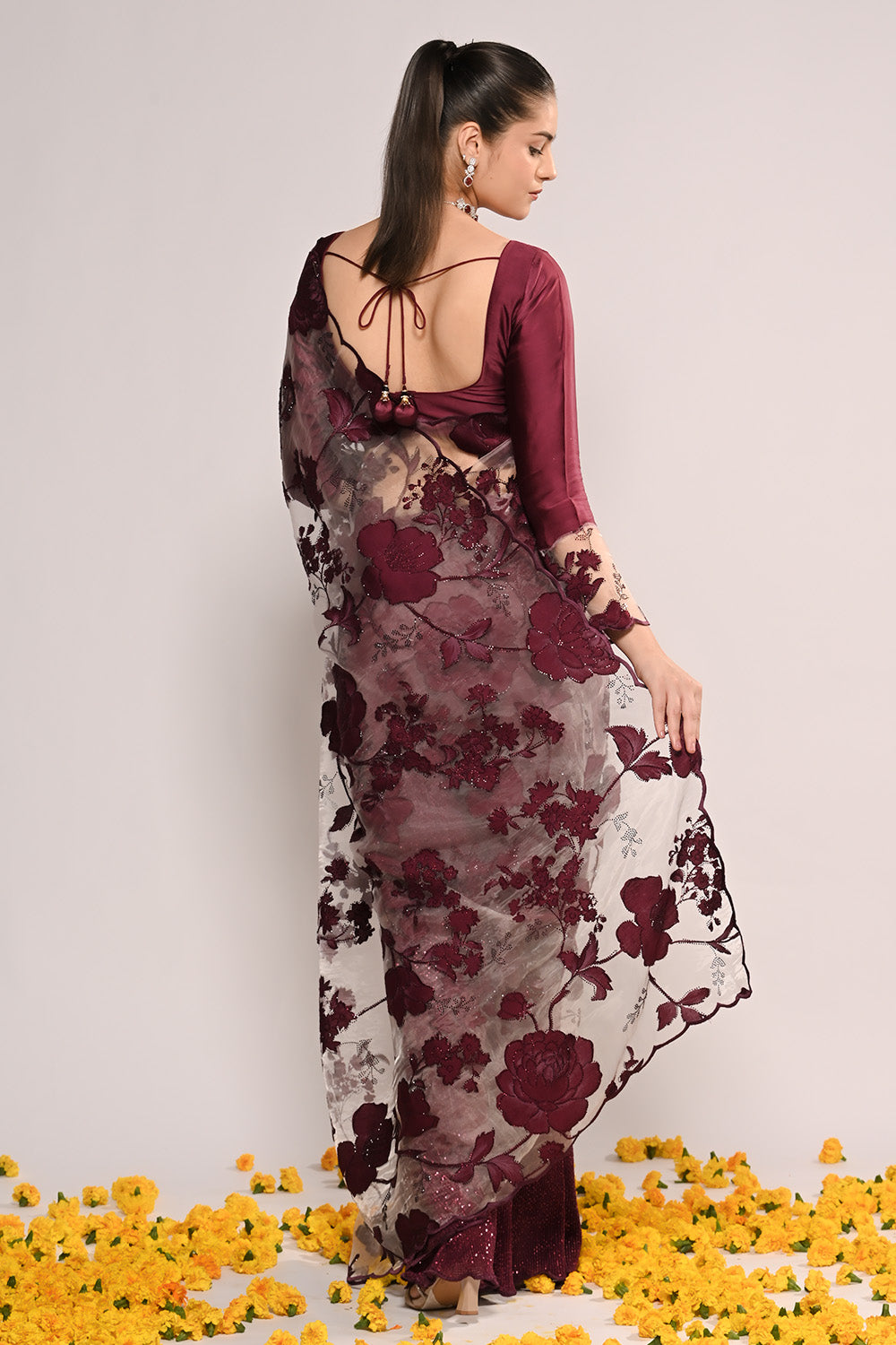 Wine Color Net Embroidered Saree