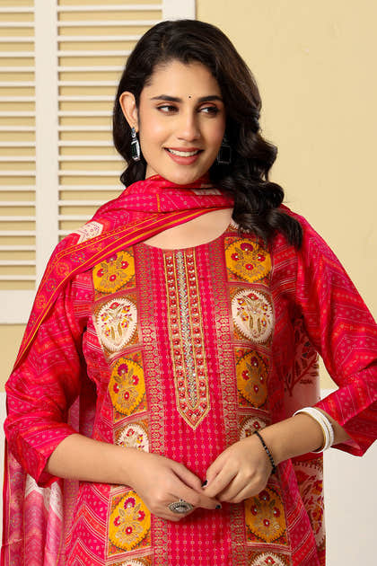 Magenta Pink Printed Embroidered Chanderi Silk Suit Set