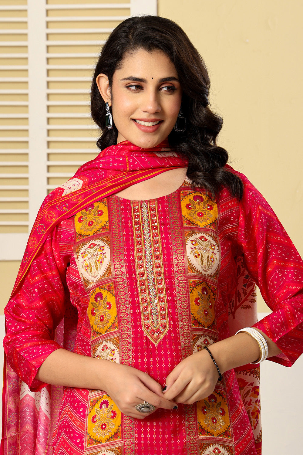 Magenta Pink Printed Embroidered Chanderi Silk Suit Set