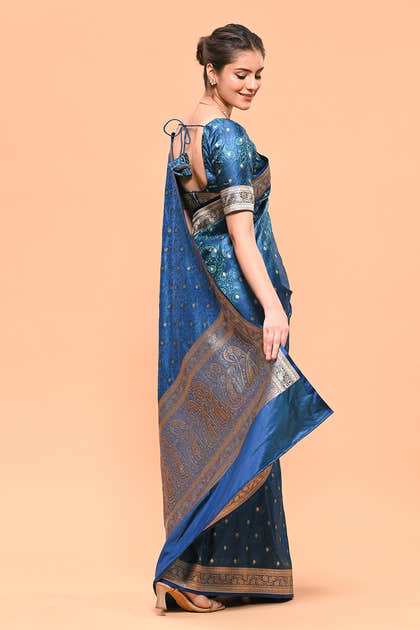 Navy & Green Color Banarasi Silk Woven Saree