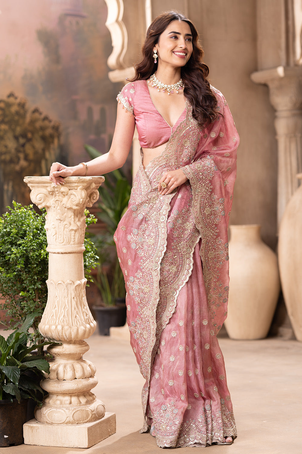 Dusty Pink Metallic Tissue Embroidered Saree