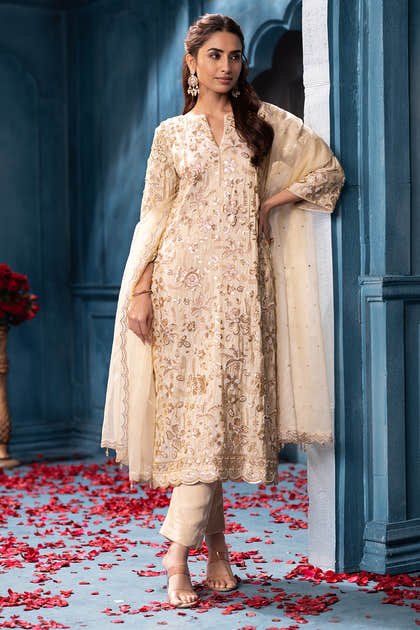 Cream Metallic Tissue Cut-dana And Sequins Embroidered Suits