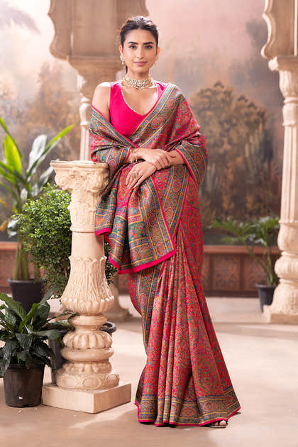 Magenta Pink Position Print Woven Silk Saree