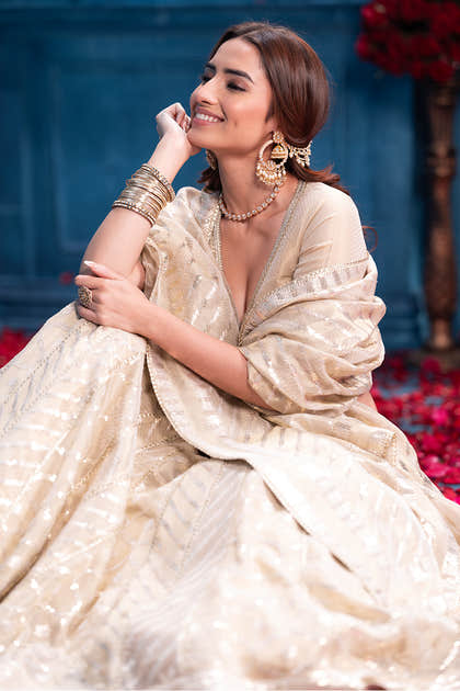 Cream Metallic Tissue Embroidered Lehanga