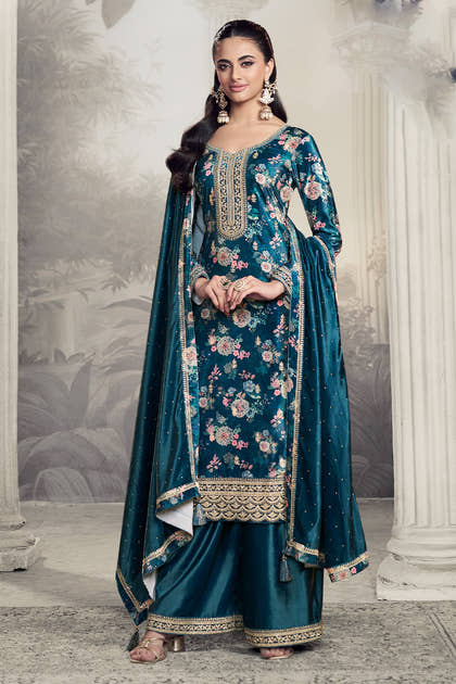 Blue Velvet Floral Printed And Embroidered Unstitched Suit Fabric