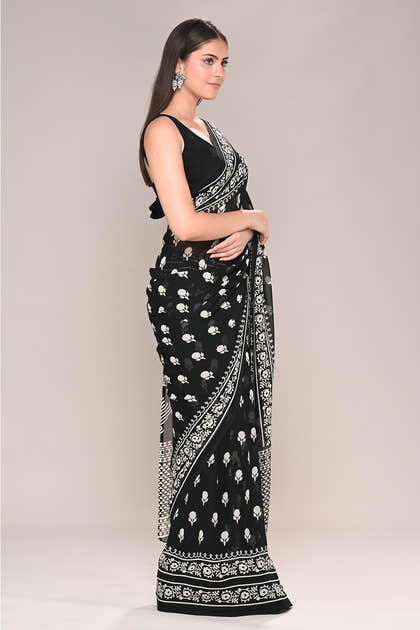 Black Color Printed Georgette Saree