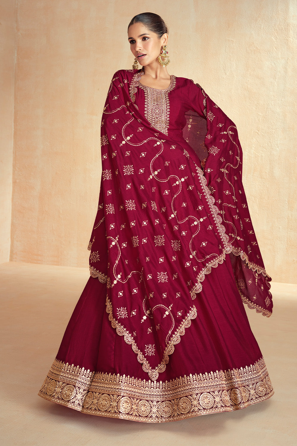 Maroon Color Silk Embroidered Anarkali Suit