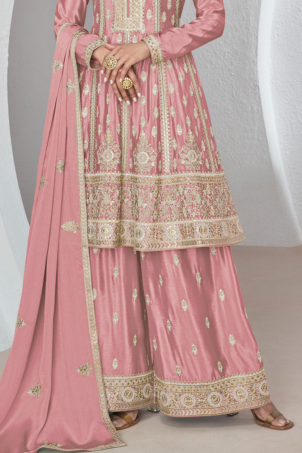 Dusty Pink Color Embroidered Crepe Silk Peplum Suit