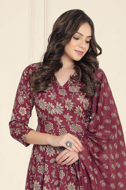 Dark Scarlet Cotton Floral Printed Anarkali Suit Set