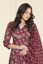 Dark Scarlet Cotton Floral Printed Anarkali Suit Set