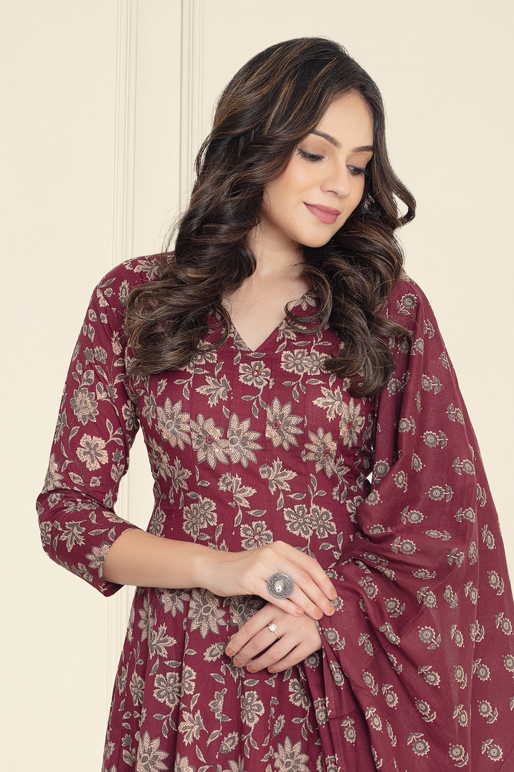 Dark Scarlet Cotton Floral Printed Anarkali Suit Set