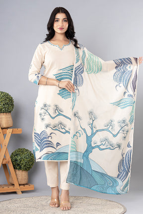 Cream & Blue Cotton Printed Suit