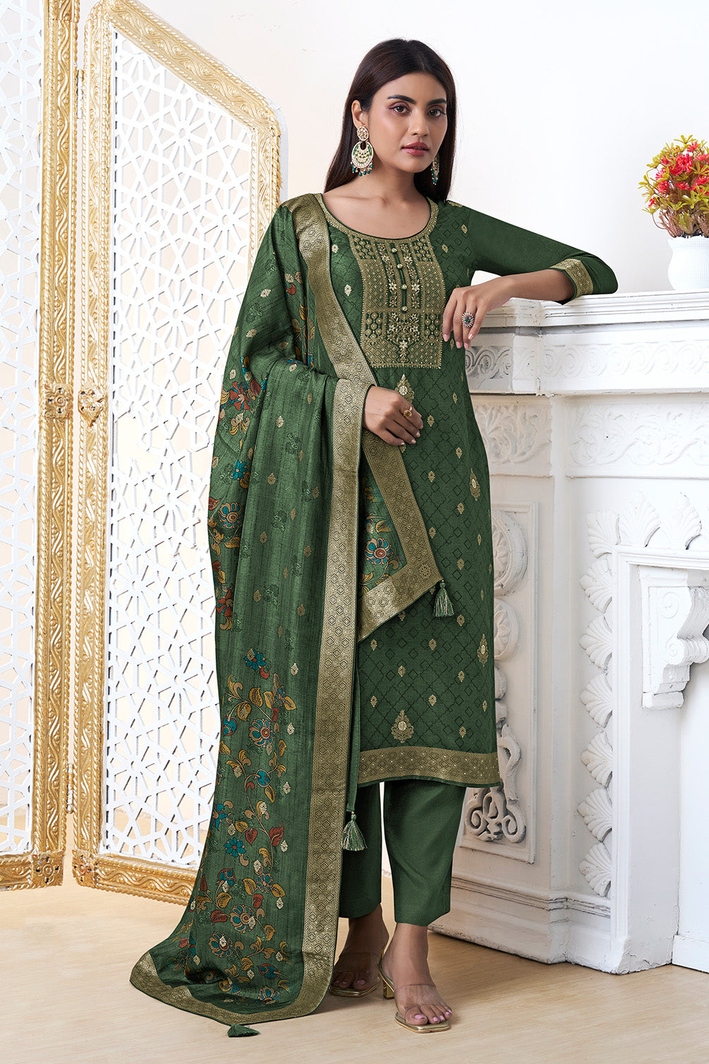 Green Silk Zari Woven Suit Set