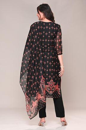 Black Chanderi Silk Printed Straight Suit