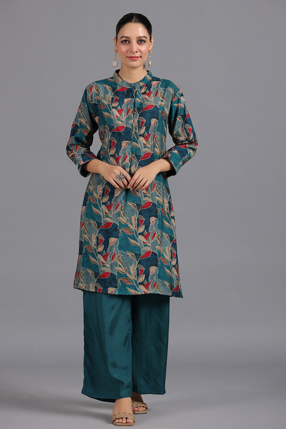 Teal Color Muslin Floral Printed Kurta Set