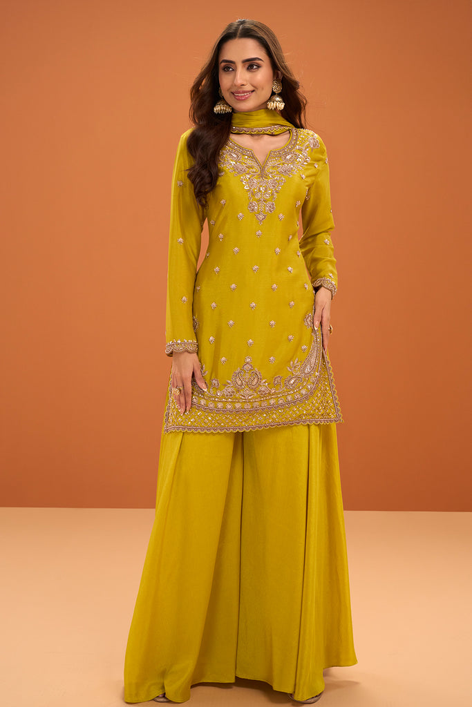 Mustard Crepe Silk Cut-Dana And Sequins Embroidered Suit With Palazzo