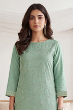 Turquoise Green Georgette Resham Embroidered And Swaroski Work Unstitched Suit Material