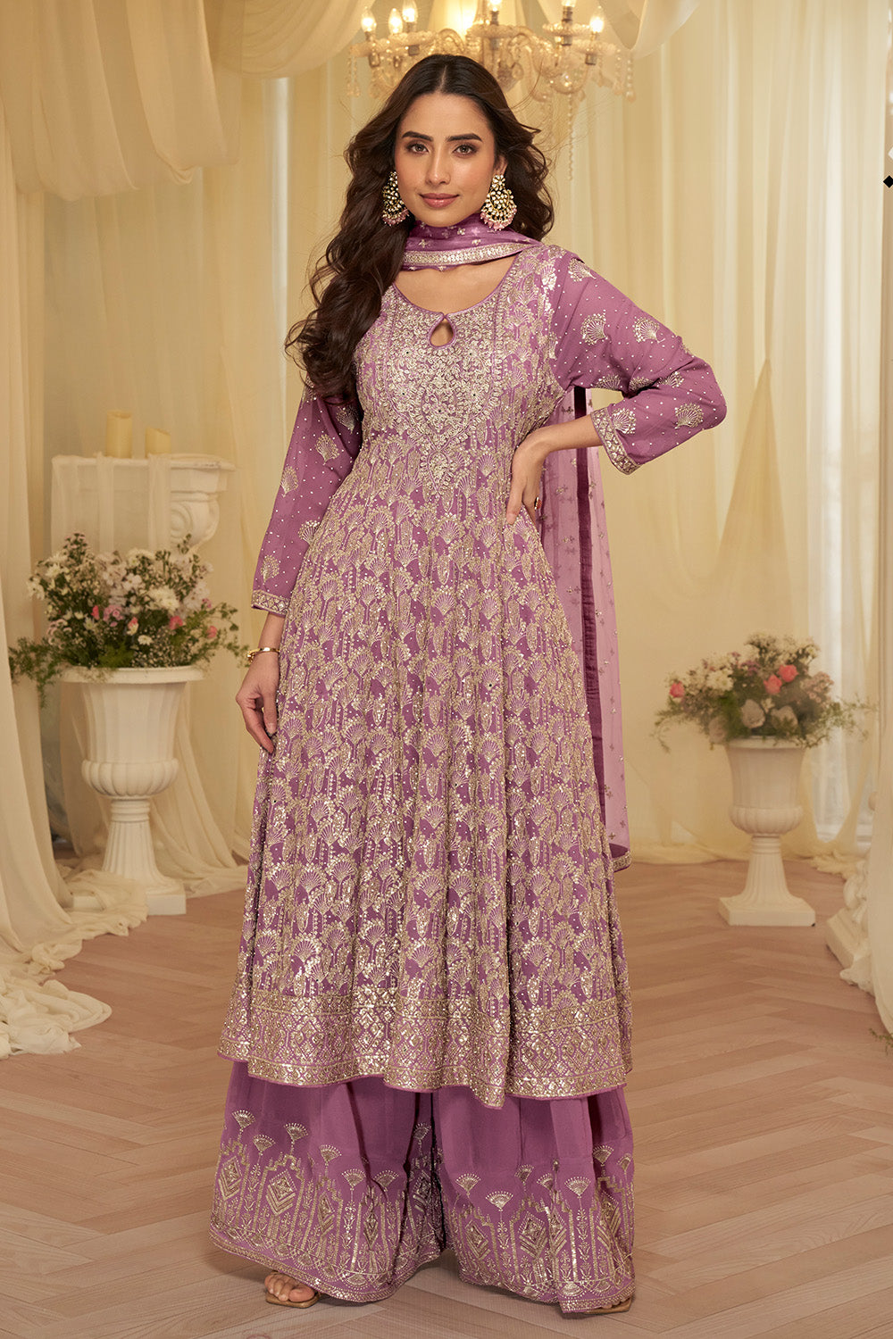 Mauve Georgette Embroidered Anarkali Suit Set