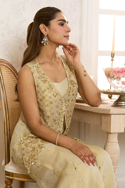 Beige Shimmer Fabric Embroidered Jacket, Crop Top & Palazzo Co-ord Set