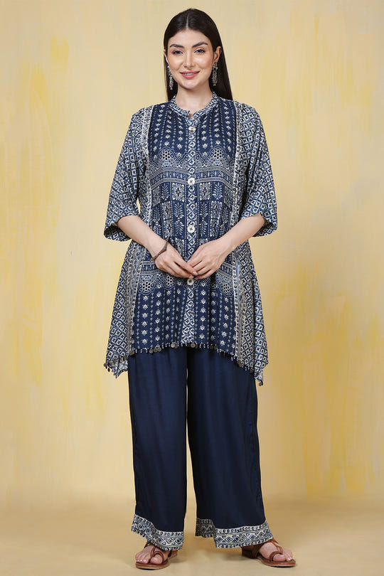 Navy Blue Muslin Printed Kurta Set