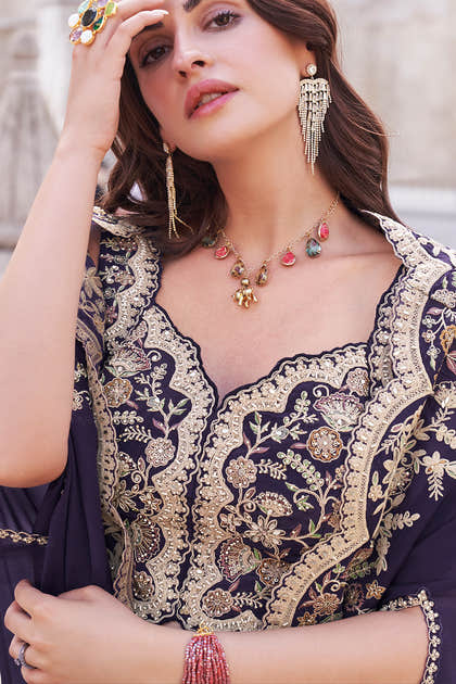 Purple Crepe Silk Embroidered Crop-Top Dress With Shruge Stlye Dupatta And Palazzo