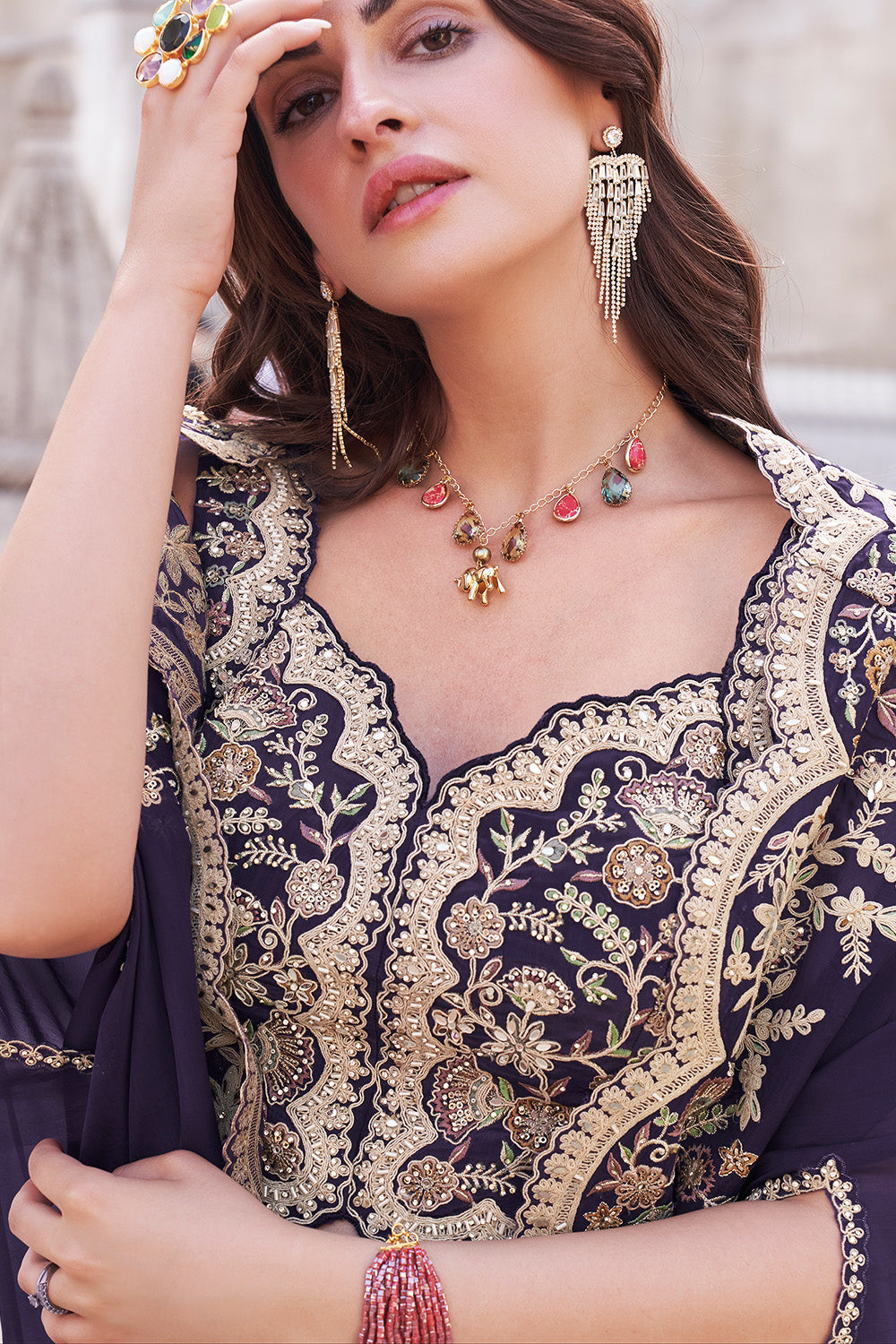 Purple Crepe Silk Embroidered Crop-Top Dress With Shruge Stlye Dupatta And Palazzo