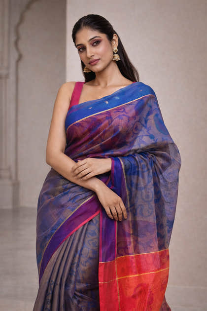 Indigo Chanderi Cotton Printes Saree