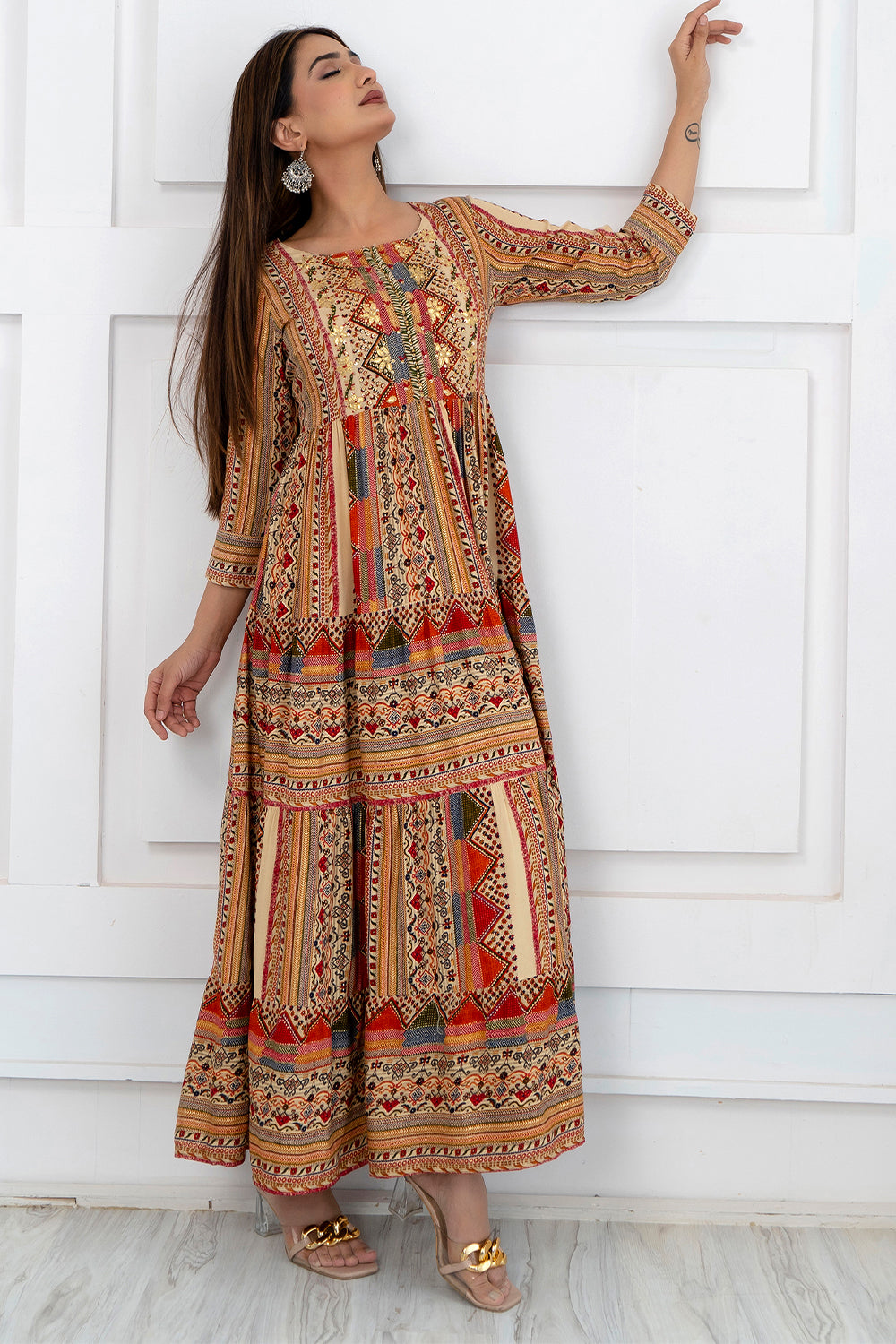 Beige Color Cotton Embroidered Anarkali Kurta
