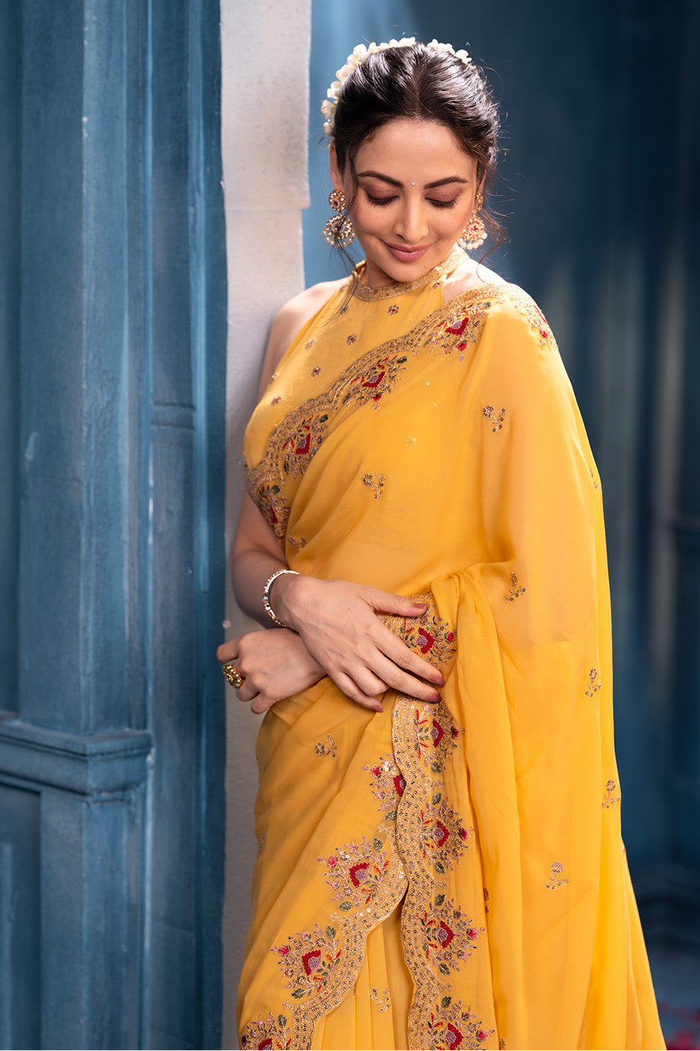 Pale Yellow Pure Georgette Resham, Zari and Sequins Embroidered Saree