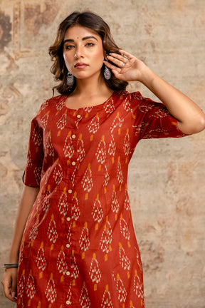 Maroon Cotton Printed Kurta Set
