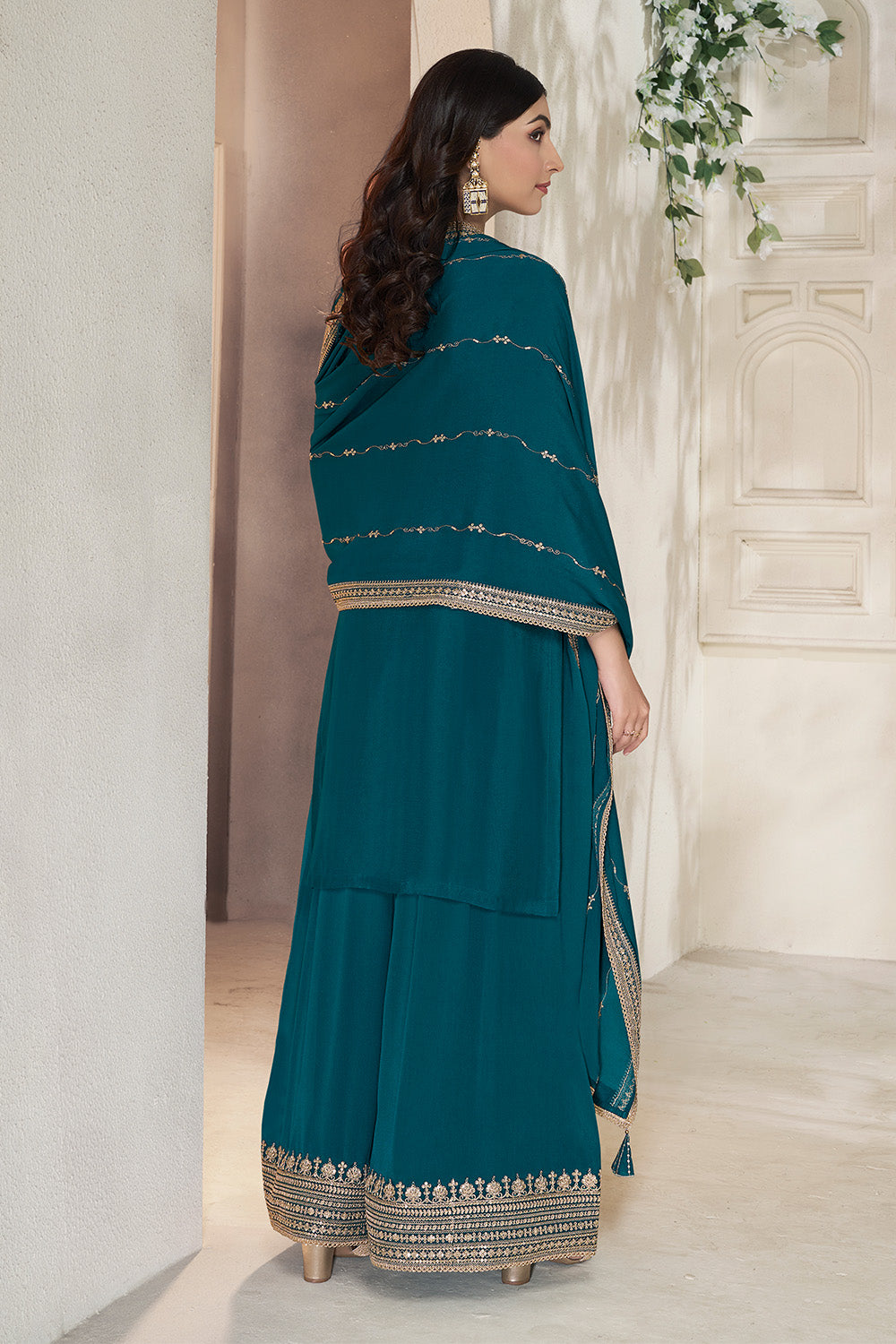 Teal Crepe Silk Zari Embroidered Suit With Embroidered Palazzo
