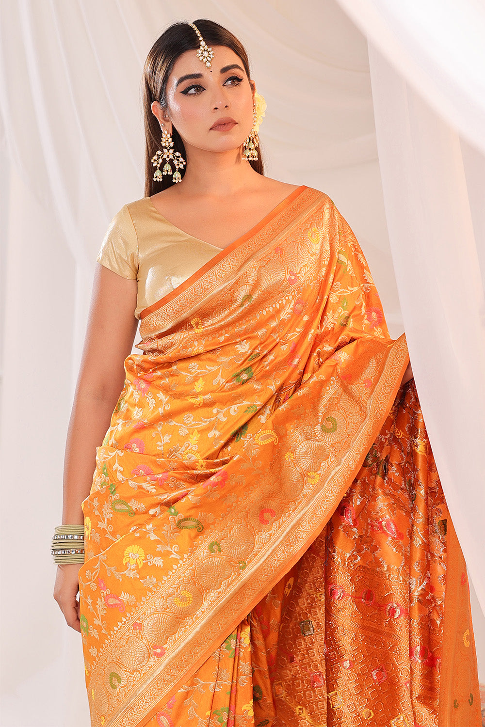 Mustard Resham & Zari Floral Woven Silk Saree
