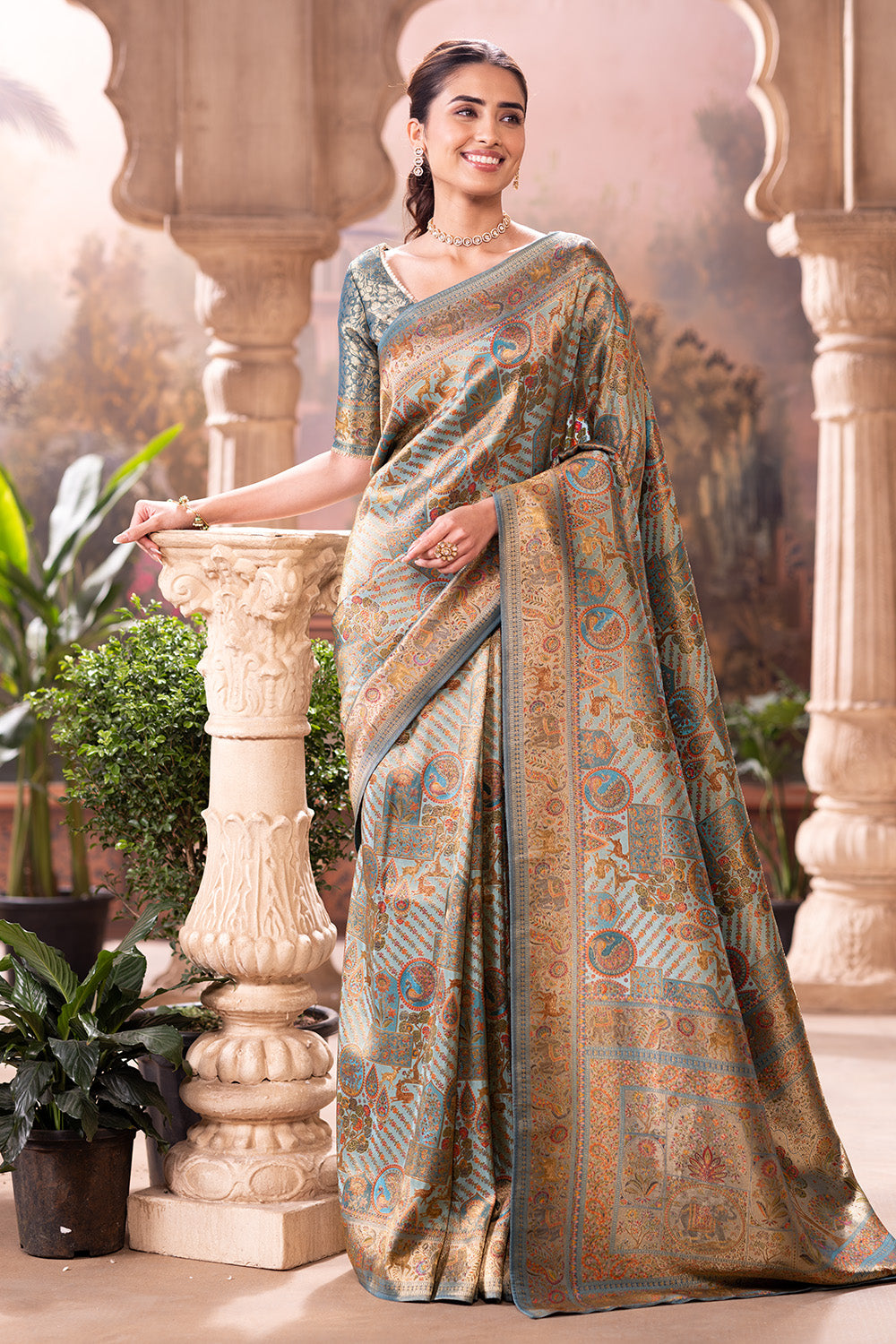 Turquoise Position Print Woven Silk Saree