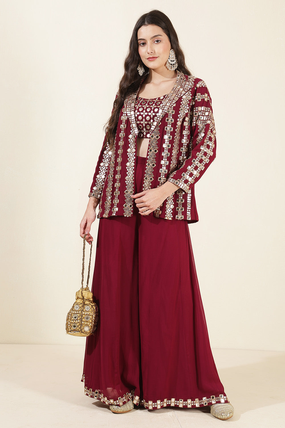 Wine Color Georgette Mirror Work Crop-Top with Jacket and Palazzo