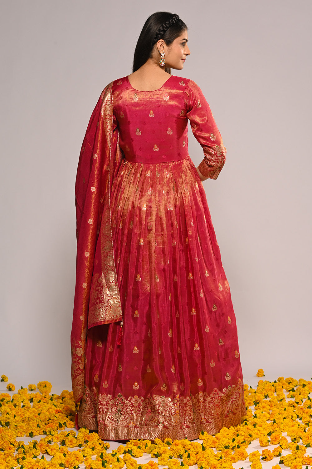 Fuchsia Pink Color Mantellic Tissue Embroidered and Woven Anarkali Suit