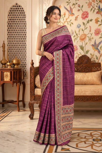 Purple Tussar Silk Printed And Zari Taar Woven Saree