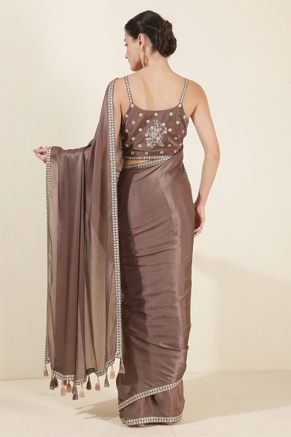 Pastel Brown Color Crepe Silk Sequins &amp; Zari Embroidered Saree with Readymade Blouse