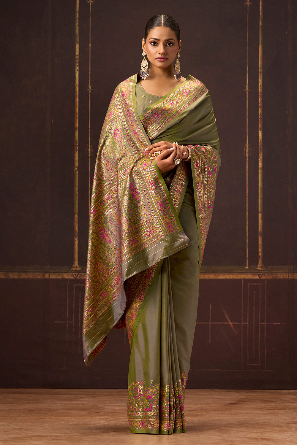 Mehandi Color Soft Silk Kalamkari Woven Saree