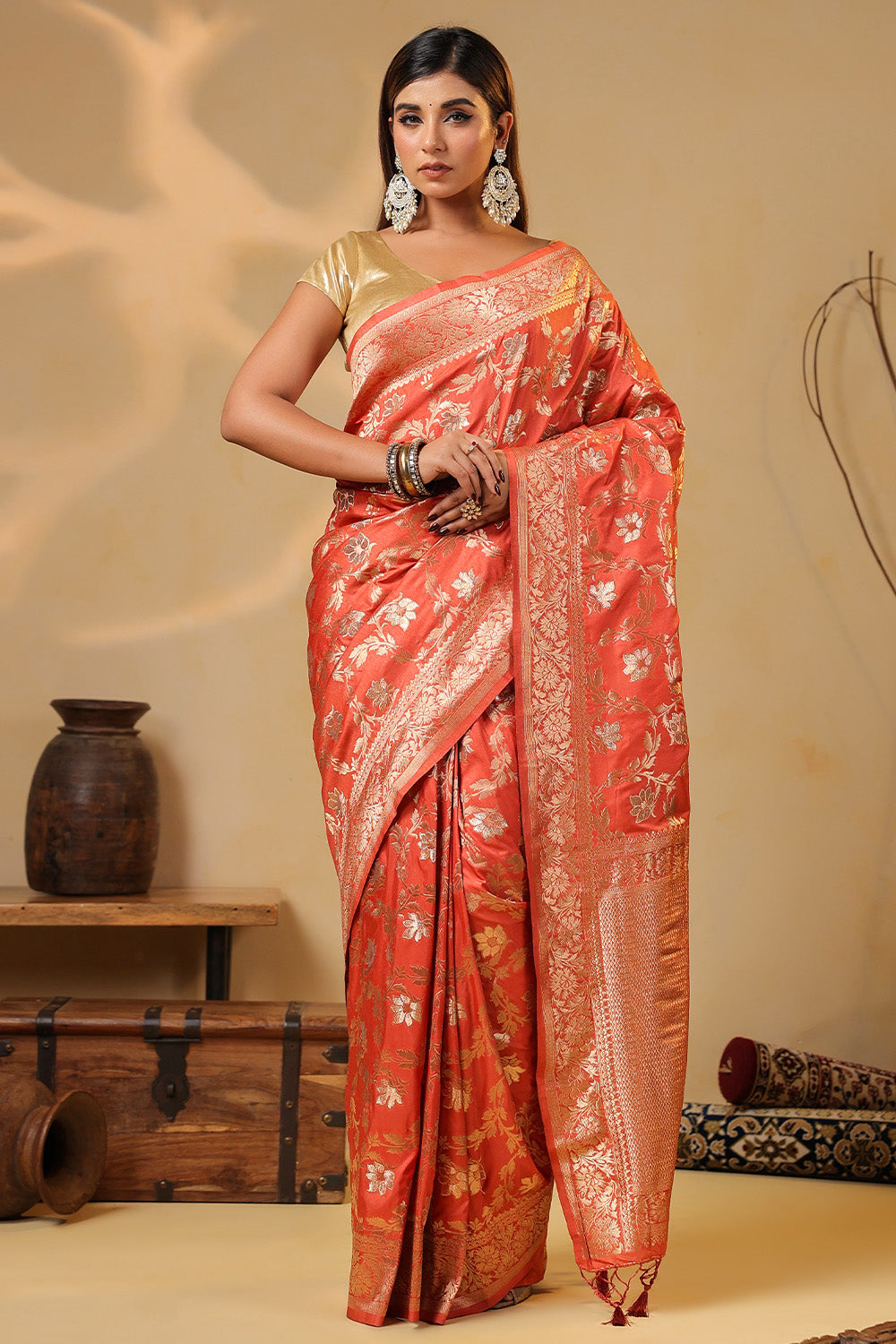 Dark Peach Zari Floral Woven Silk Saree
