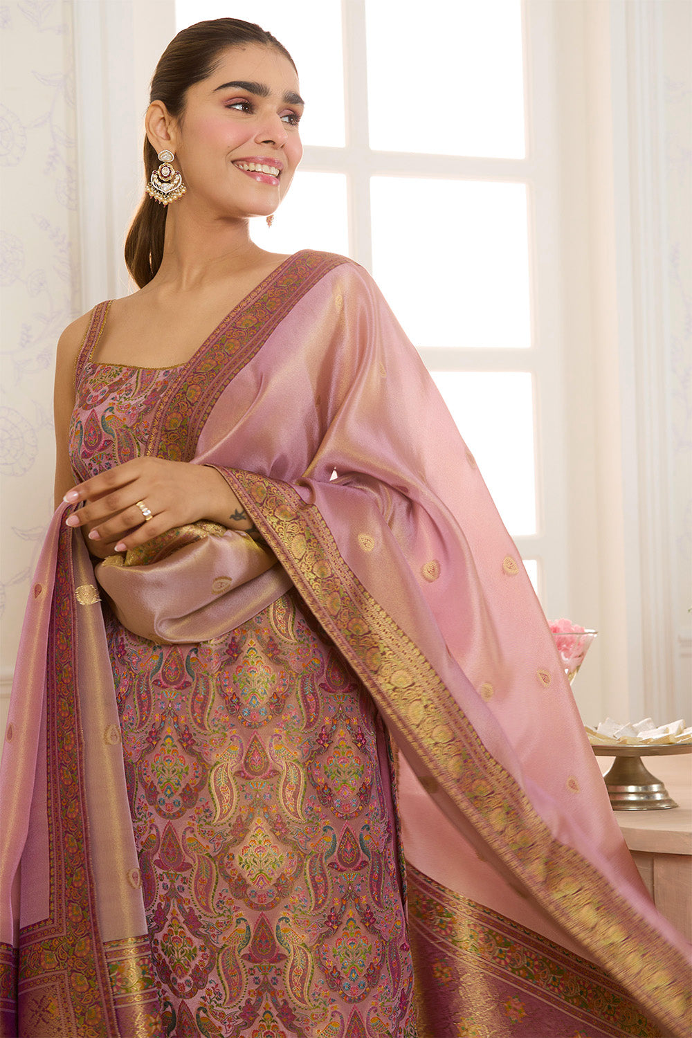 Mauve Banarasi Khaddi Georgette Woven Unstitched Suit Material