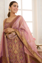 Mauve Banarasi Khaddi Georgette Woven Unstitched Suit Material