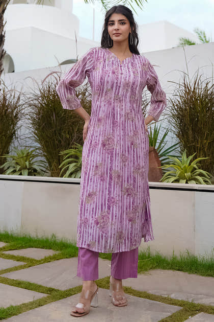 Lavender Floral Printed Muslin Kurta Set