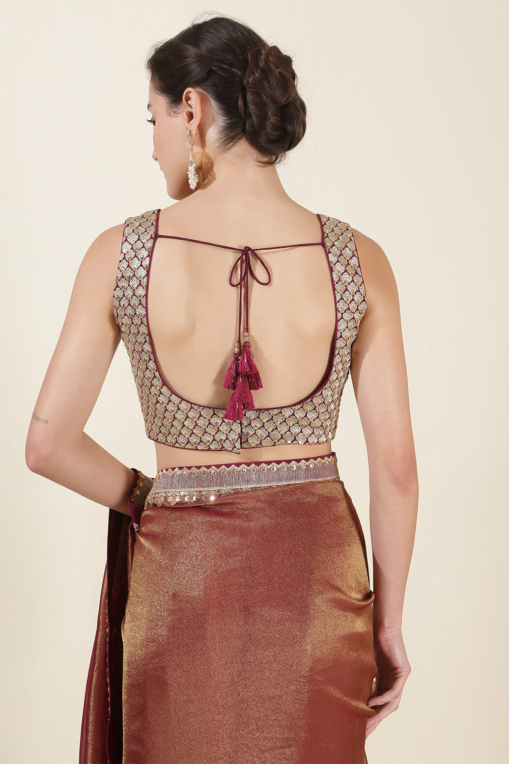 Wine & Golden Mantellic Tissue Embroidered Saree with Readymade Blouse
