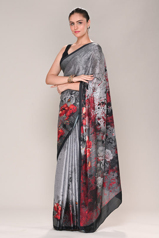 Grey Color Jacquard Silk Printed Saree