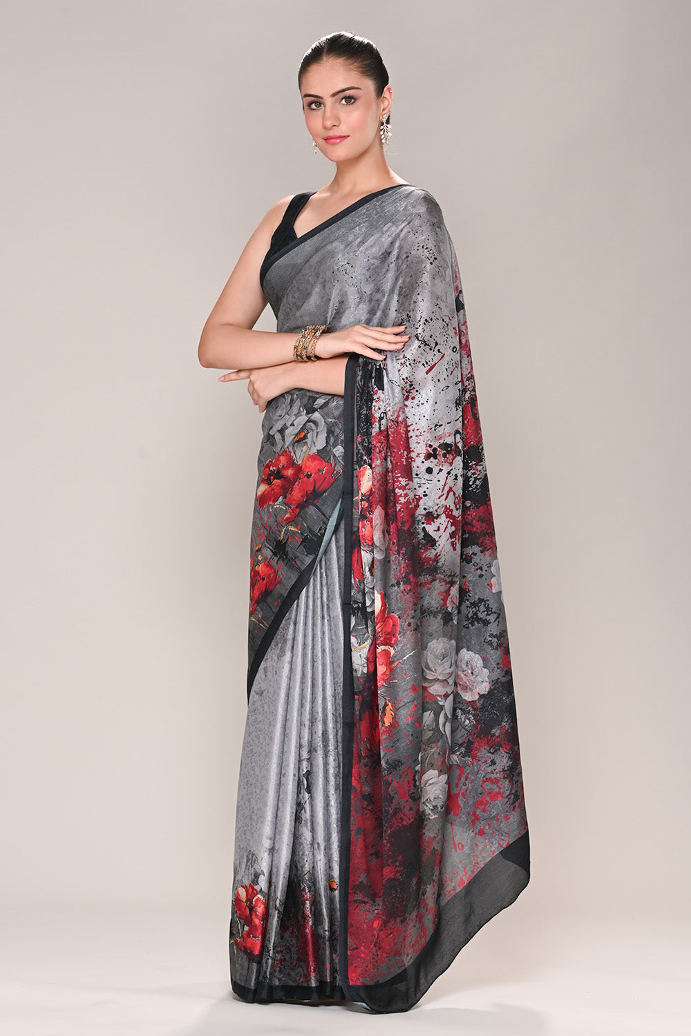 Grey Color Jacquard Silk Printed Saree