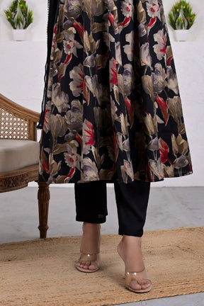 Black & Beige Floral Printed Neck-Embroidered Muslin Anarkali Suit