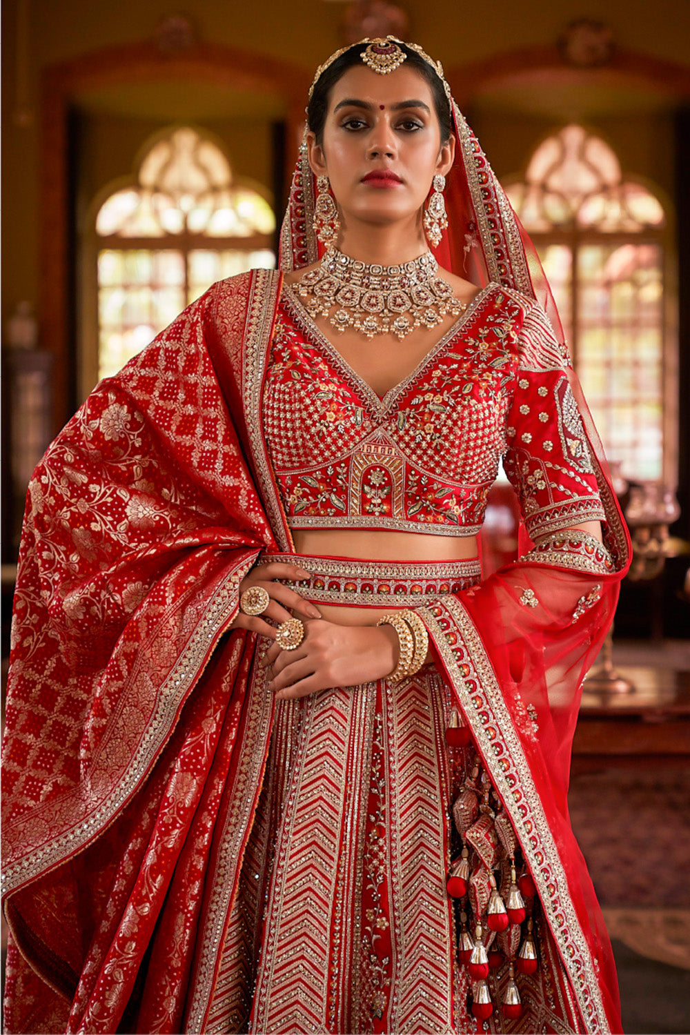 Red luxurious Silk Embroidered Semi-Stitched Bridle Lehenga