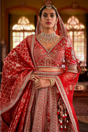 Red luxurious Silk Embroidered Semi-Stitched Bridle Lehenga