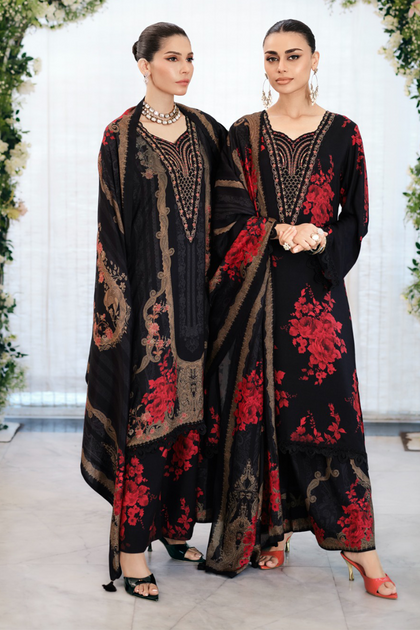 Black Crepe Silk Floral Printed Unstitched Suit Material